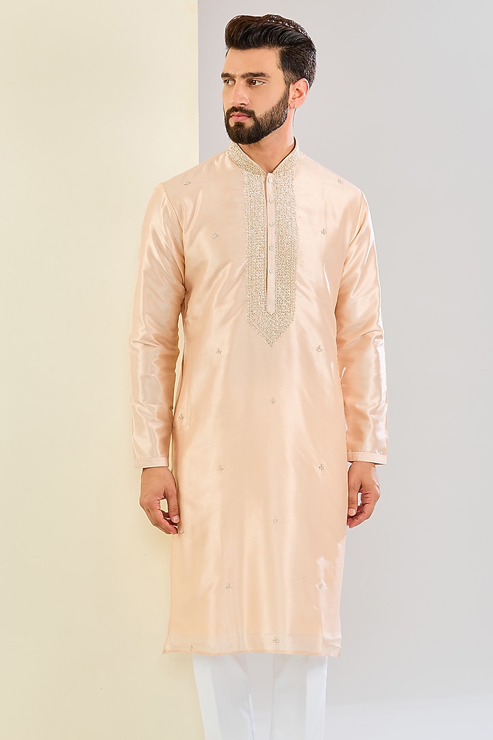 Peach Silk Hand & Machine Embroidered Kurta Set by SVEN SUITS at Pernia's Pop Up Shop