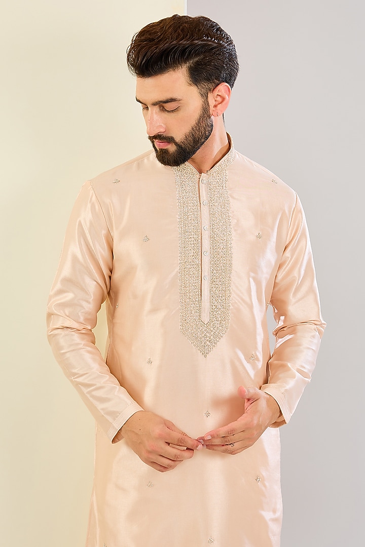 Peach Silk Hand & Machine Embroidered Kurta Set by SVEN SUITS at Pernia's Pop Up Shop