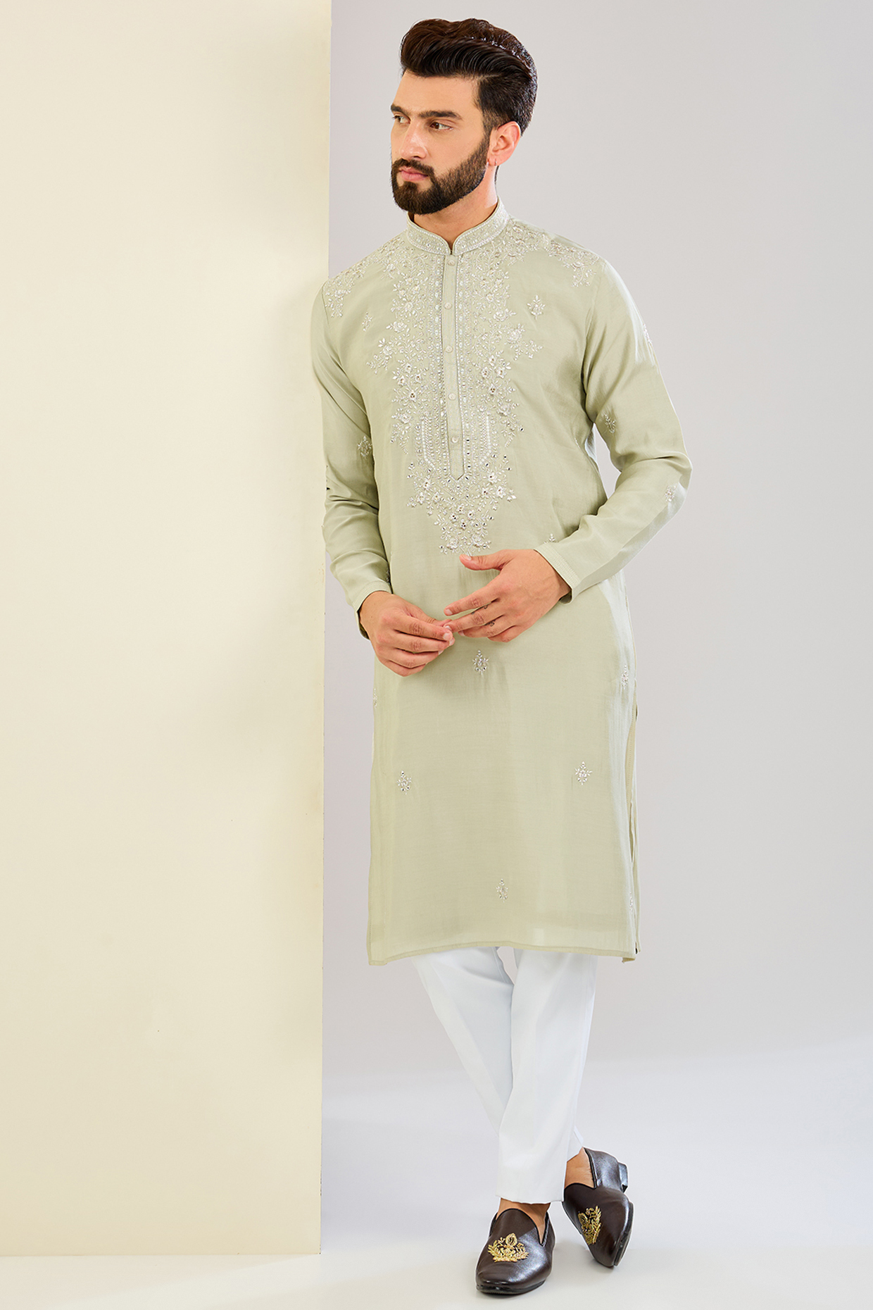 Pale Green Silk Hand & Machine Embroidered Kurta Set by SVEN SUITS at Pernia's Pop Up Shop