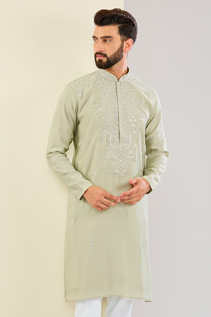 Pale Green Silk Hand & Machine Embroidered Kurta Set by SVEN SUITS at Pernia's Pop Up Shop