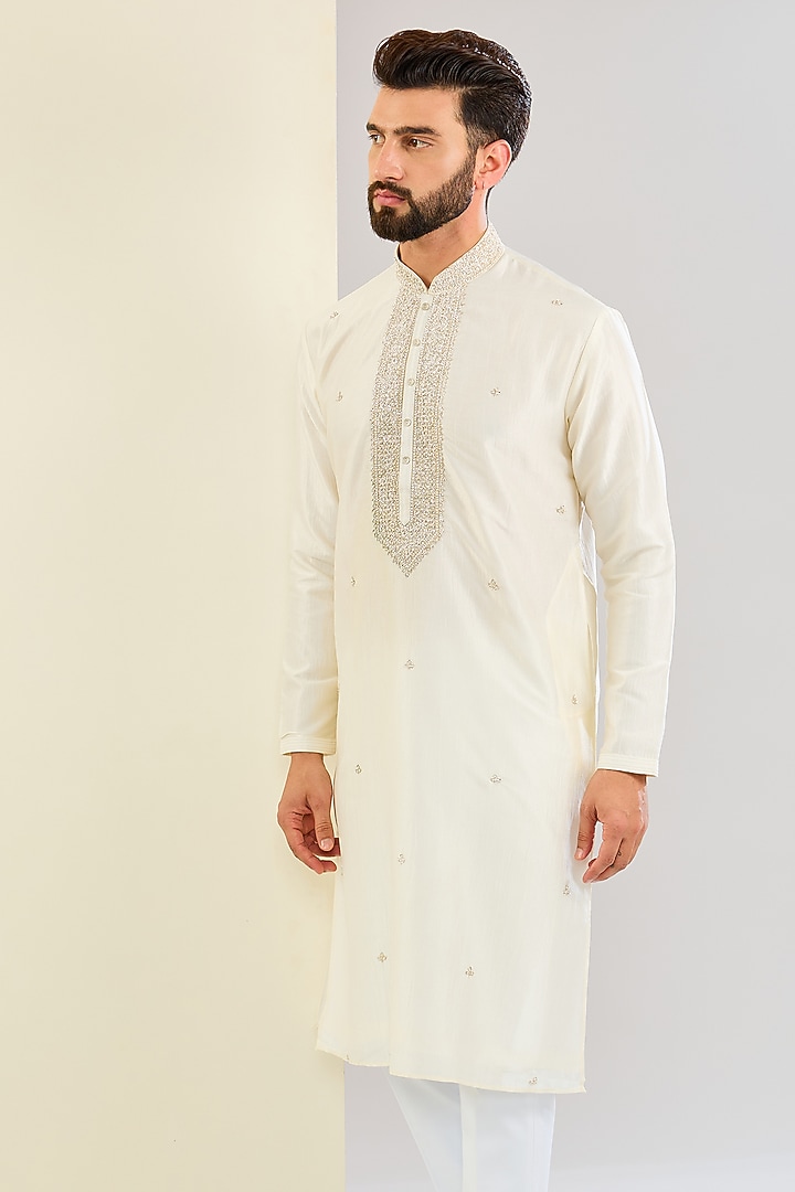 Cream Silk Hand & Machine Embroidered Kurta Set by SVEN SUITS at Pernia's Pop Up Shop