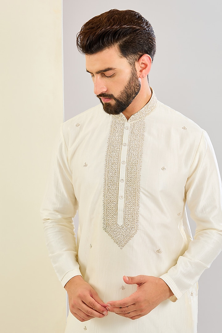 Cream Silk Hand & Machine Embroidered Kurta Set by SVEN SUITS at Pernia's Pop Up Shop