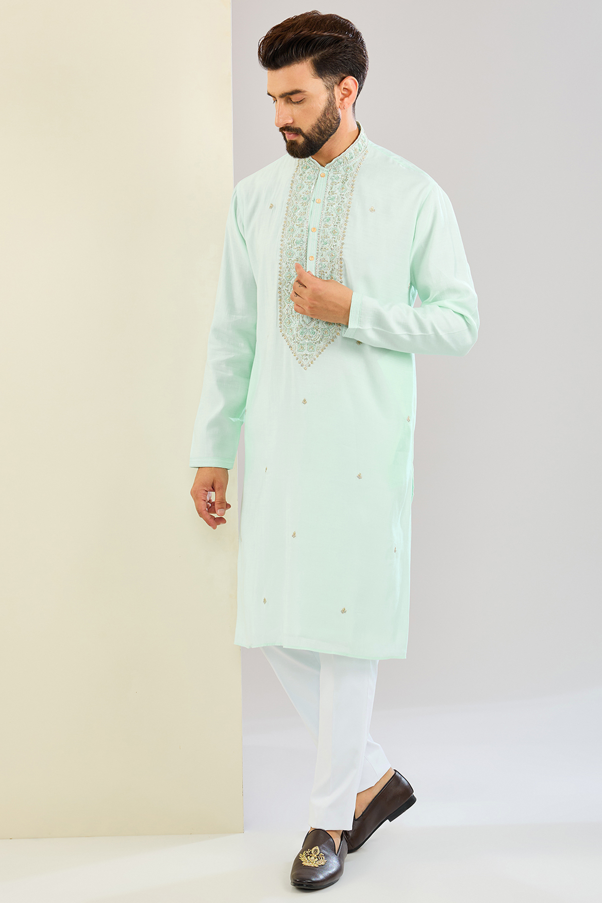 Mint Green Silk Hand & Machine Embroidered Kurta Set by SVEN SUITS at Pernia's Pop Up Shop