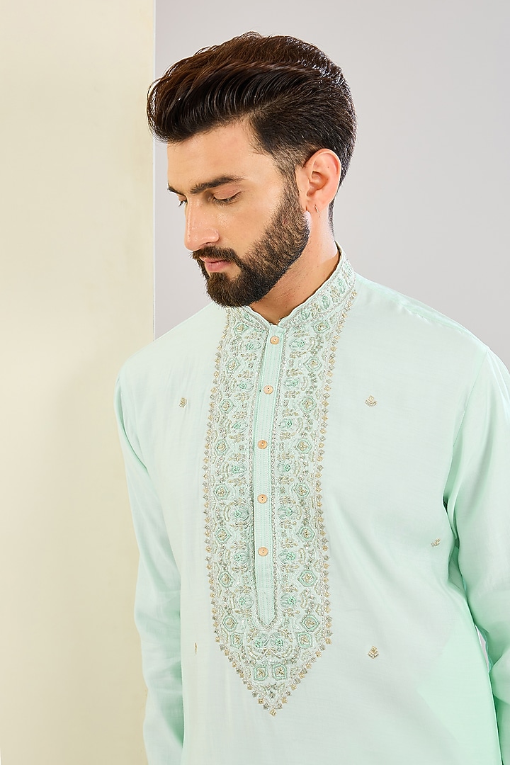 Mint Green Silk Hand & Machine Embroidered Kurta Set by SVEN SUITS at Pernia's Pop Up Shop