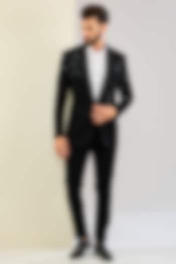 Black Silk Hand & Machine Embroidered Tuxedo Set by SVEN SUITS at Pernia's Pop Up Shop