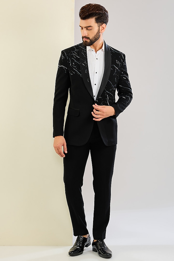 Black Silk Hand & Machine Embroidered Tuxedo Set by SVEN SUITS at Pernia's Pop Up Shop