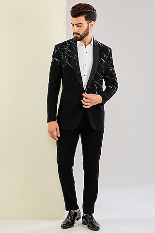 Black Silk Hand & Machine Embroidered Tuxedo Set by SVEN SUITS