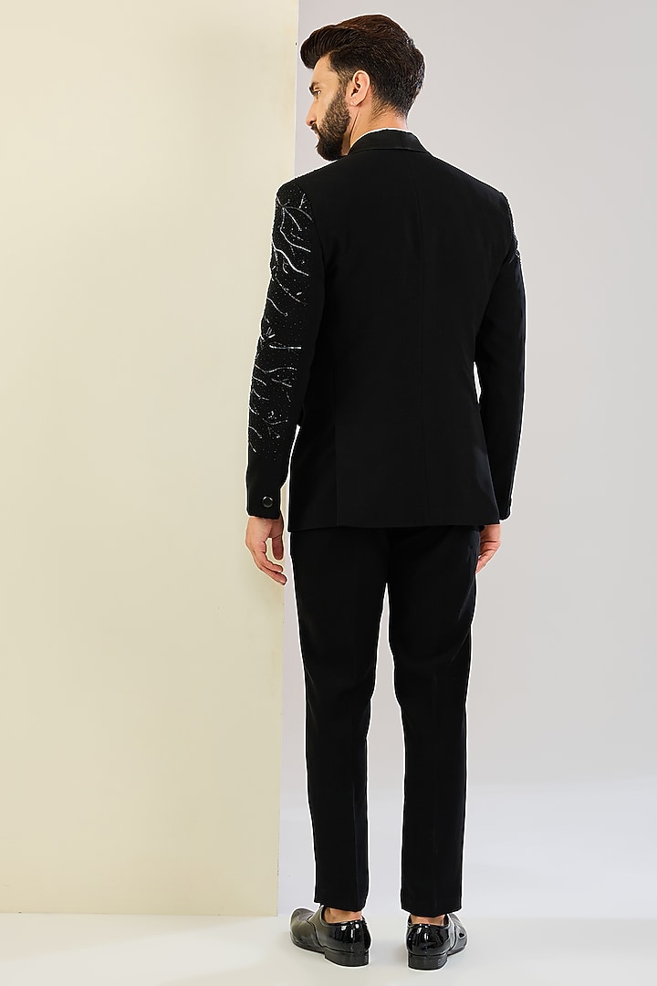 Black Silk Hand & Machine Embroidered Tuxedo Set by SVEN SUITS at Pernia's Pop Up Shop