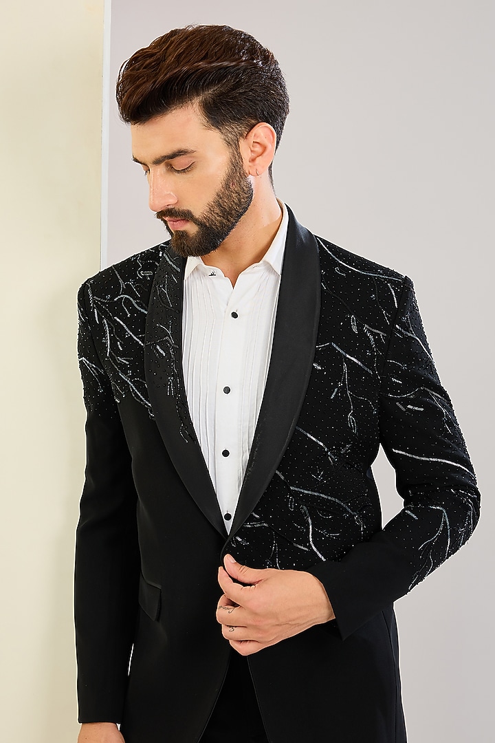 Black Silk Hand & Machine Embroidered Tuxedo Set by SVEN SUITS at Pernia's Pop Up Shop