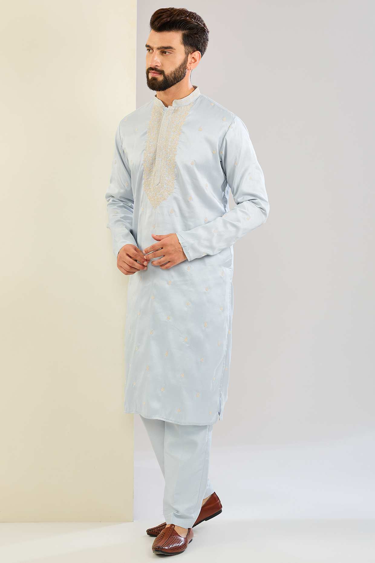 Sky Blue Silk Machine Embroidered Kurta Set by SVEN SUITS at Pernia's Pop Up Shop