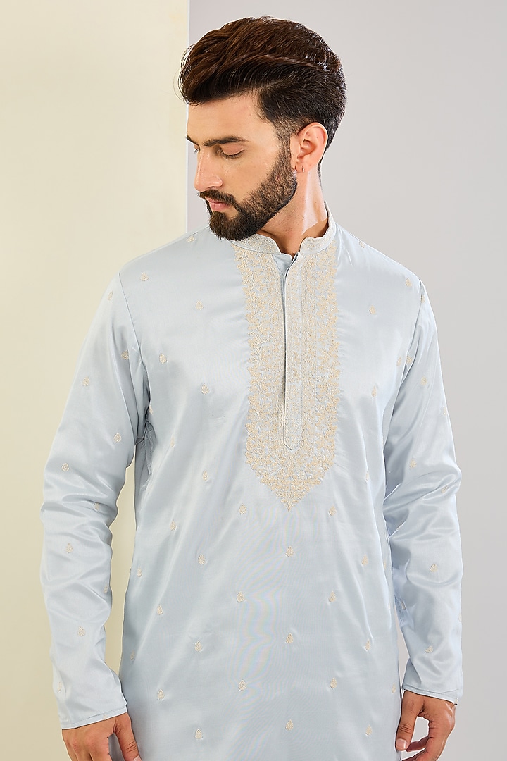 Sky Blue Silk Machine Embroidered Kurta Set by SVEN SUITS at Pernia's Pop Up Shop