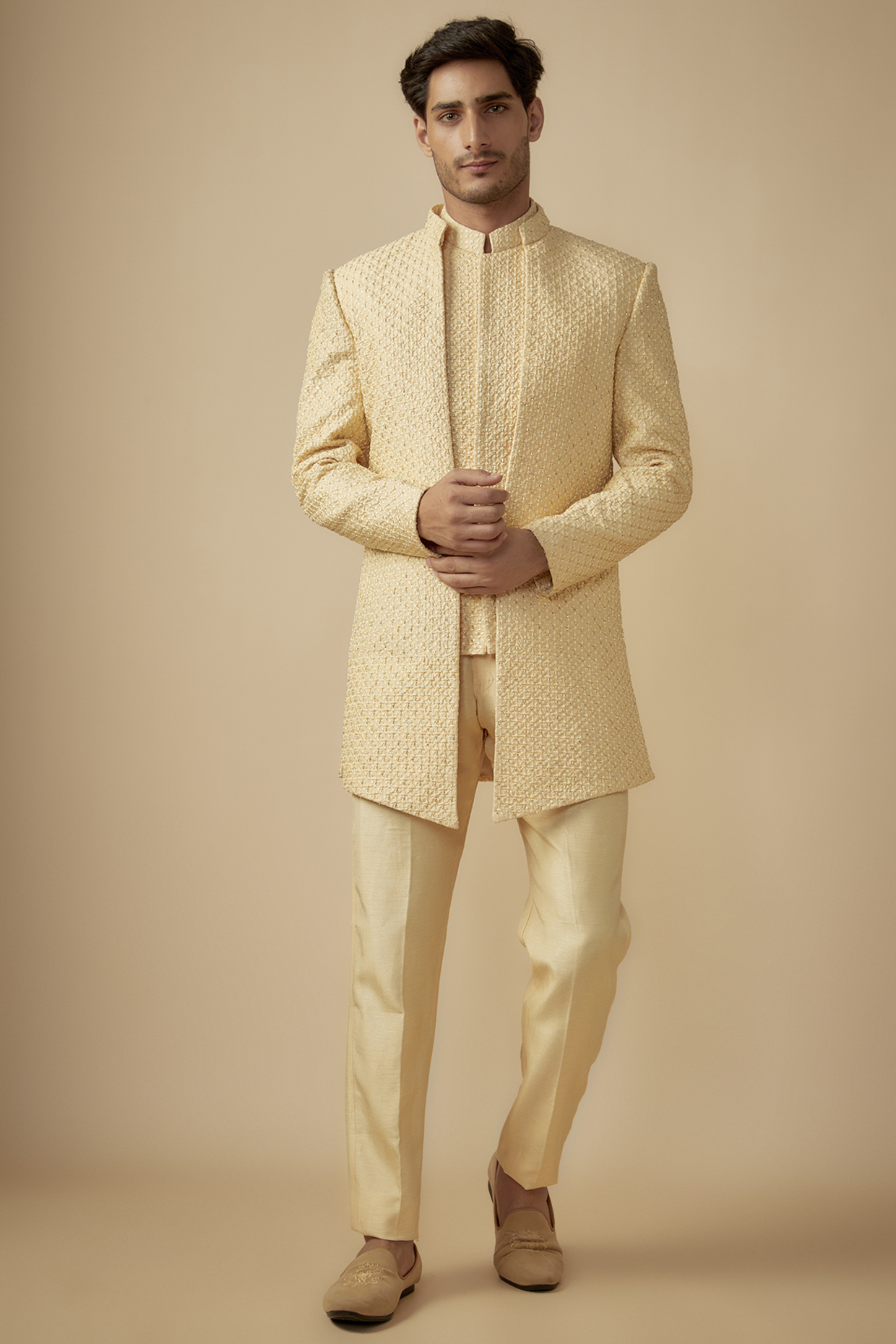 Cream Silk Hand Embroidered Indowestern Set by SVEN SUITS