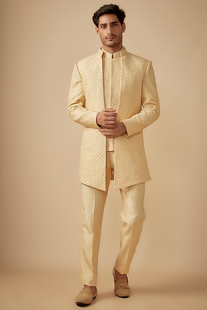 Cream Silk Hand Embroidered Indowestern Set by SVEN SUITS