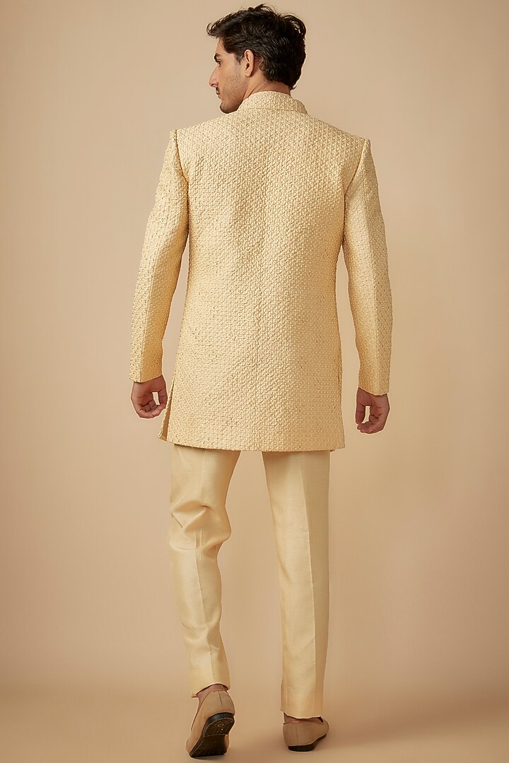 Cream Silk Hand Embroidered Wedding Indowestern Set by SVEN SUITS at Pernia's Pop Up Shop