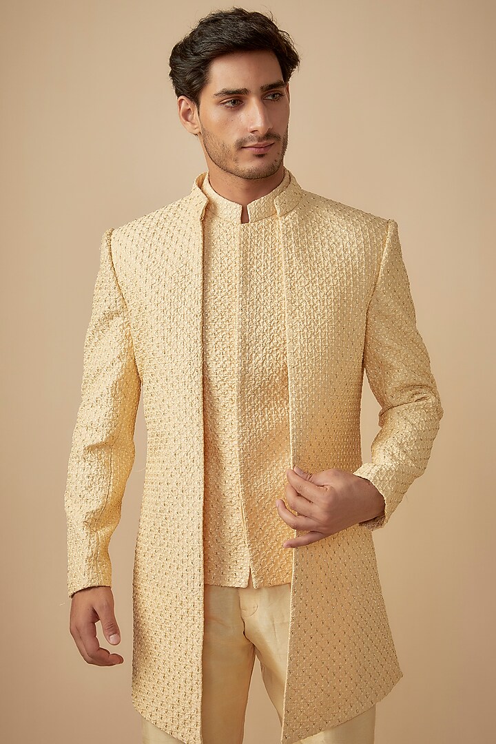 Cream Silk Hand Embroidered Wedding Indowestern Set by SVEN SUITS at Pernia's Pop Up Shop