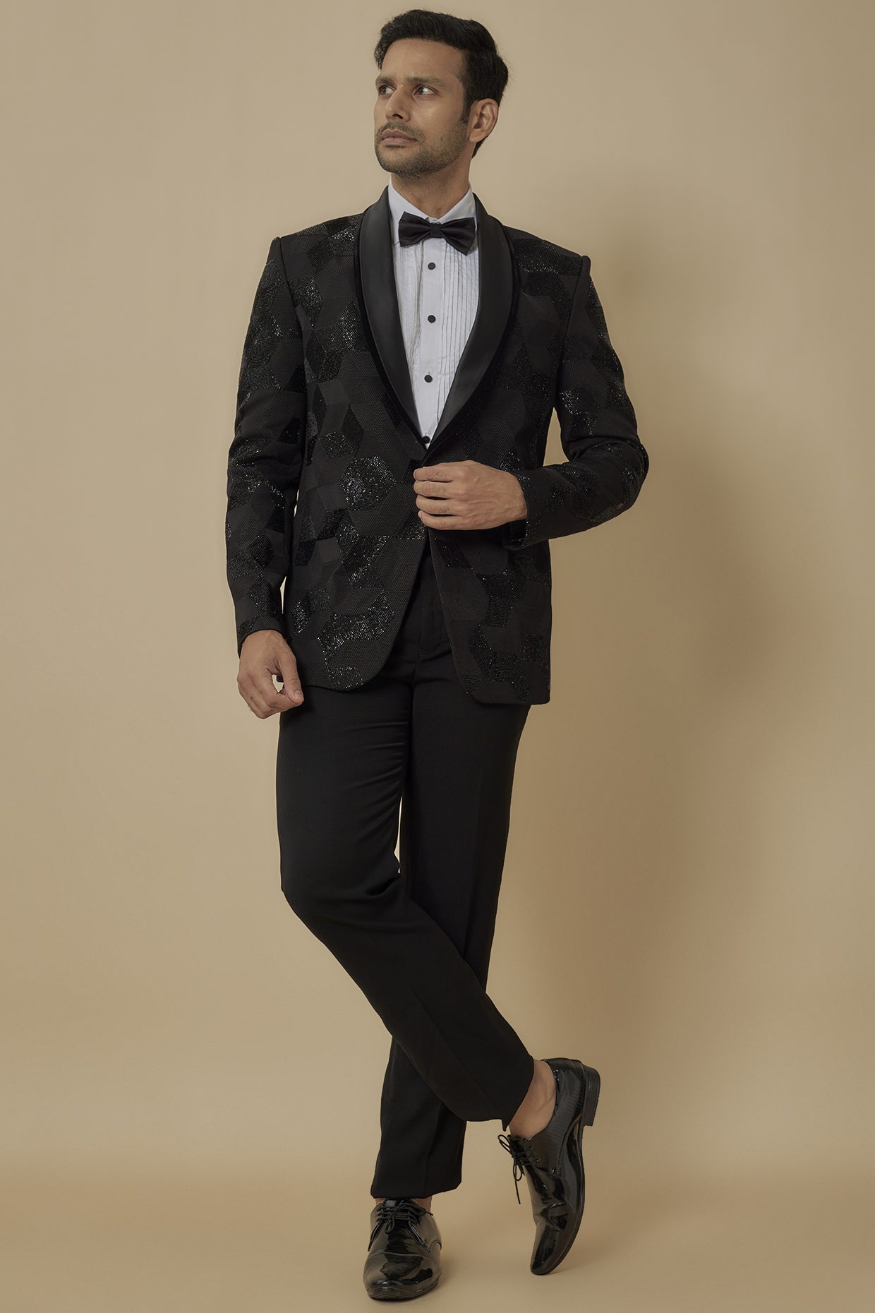 Black Polyester Lycra Hand Embroidered Tuxedo Set by SVEN SUITS at Pernia's Pop Up Shop