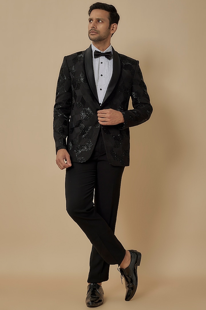 Black Polyester Lycra Hand Embroidered Tuxedo Set by SVEN SUITS at Pernia's Pop Up Shop
