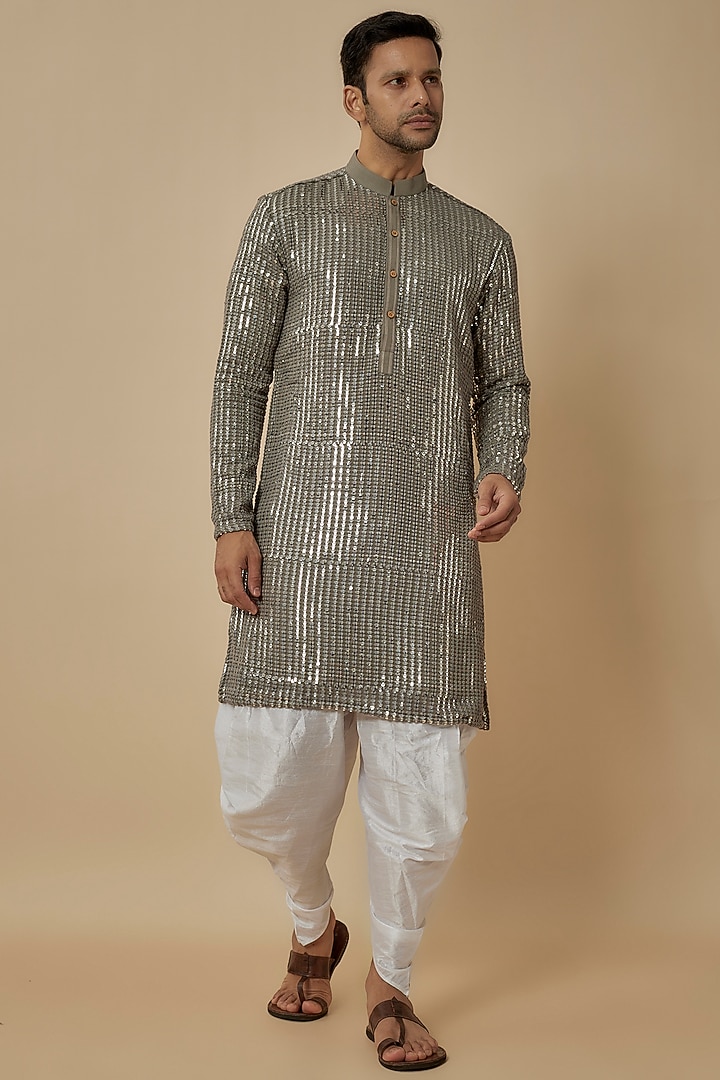 Grey Silk Sequins Embroidered Kurta Set by SVEN SUITS at Pernia's Pop Up Shop