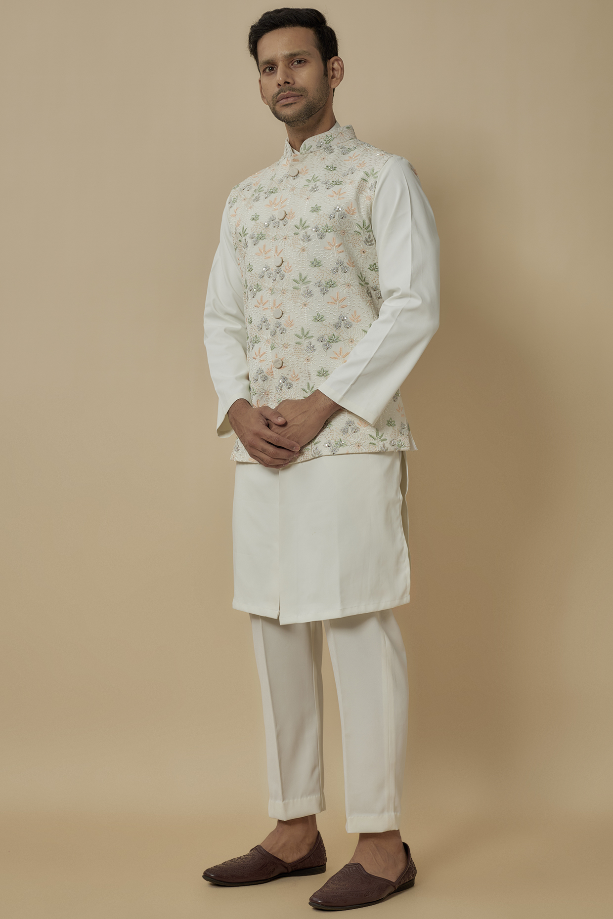 Multi-Colored Polyester Lycra Embroidered Bundi Jacket Set by SVEN SUITS at Pernia's Pop Up Shop