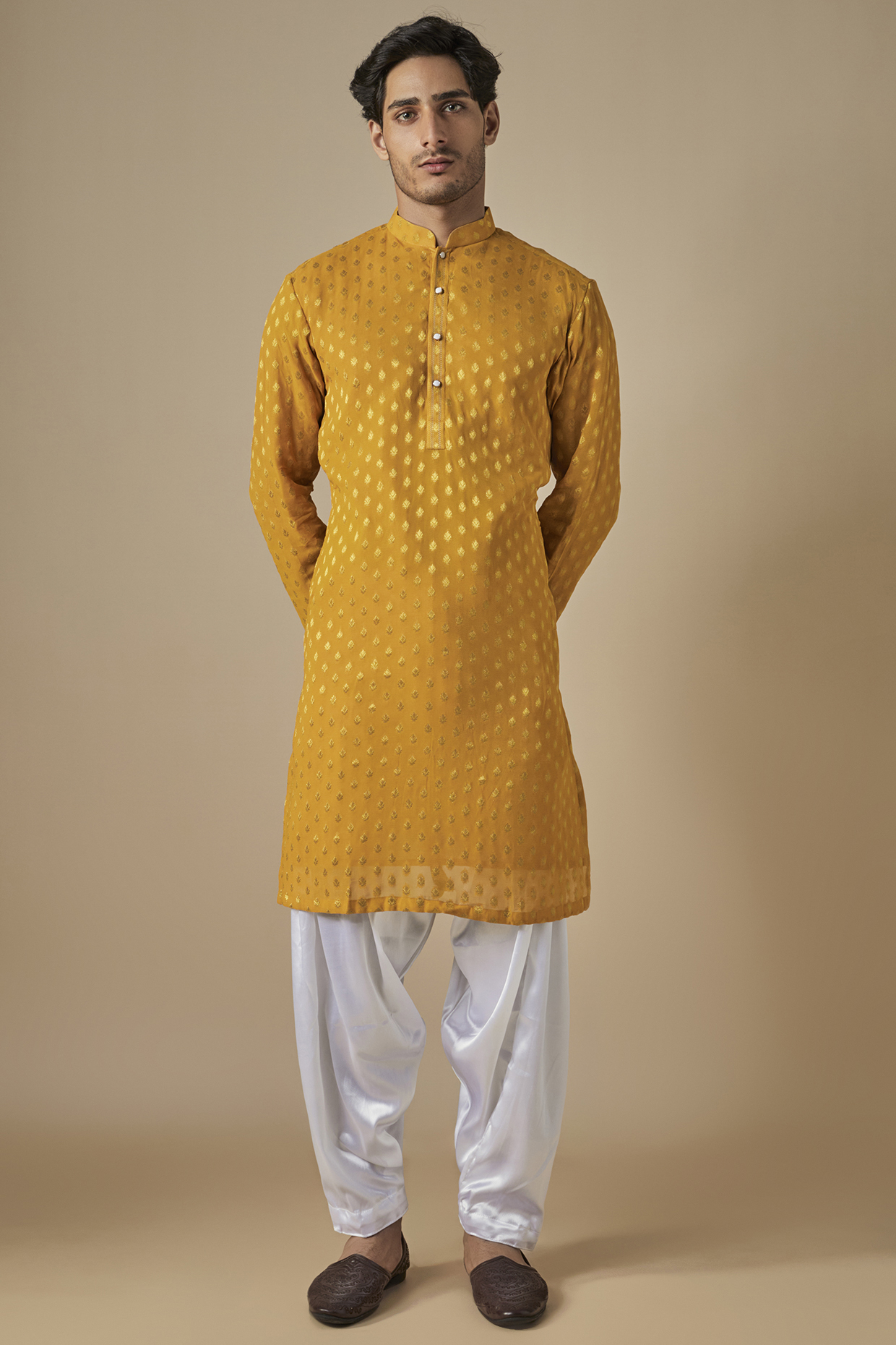 Yellow & Gold Jacquard Thread Embroidered Kurta Set by SVEN SUITS at Pernia's Pop Up Shop