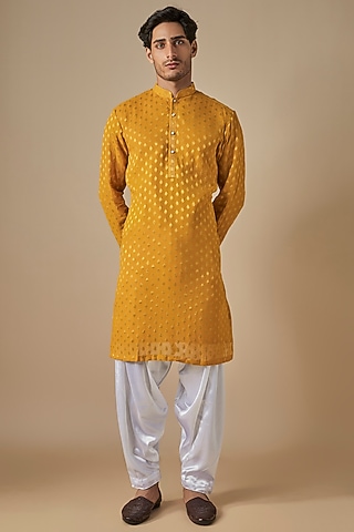 Yellow & Gold Jacquard Thread Embroidered Kurta Set by SVEN SUITS