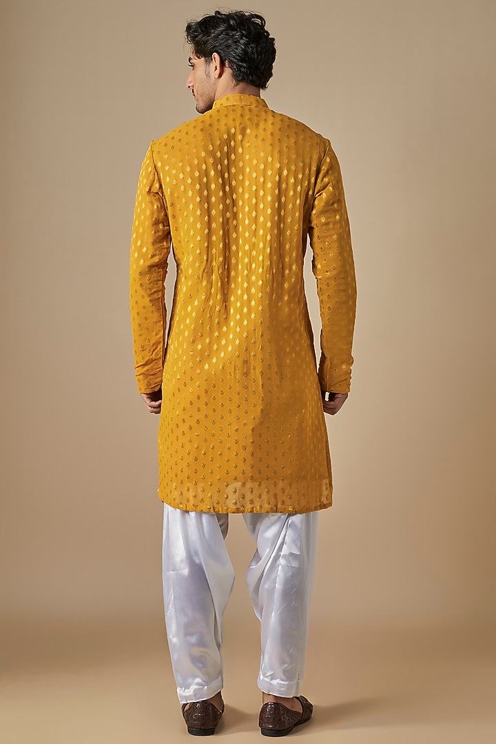Yellow & Gold Jacquard Thread Embroidered Kurta Set by SVEN SUITS at Pernia's Pop Up Shop