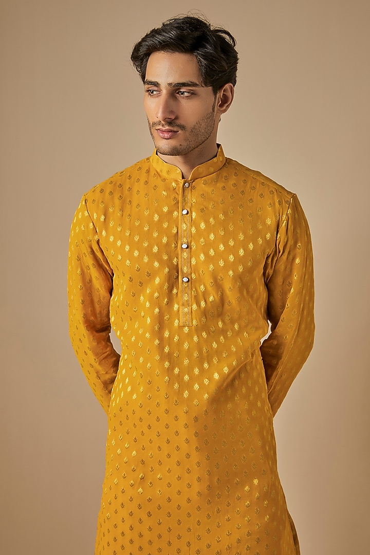 Yellow & Gold Jacquard Thread Embroidered Kurta Set by SVEN SUITS at Pernia's Pop Up Shop