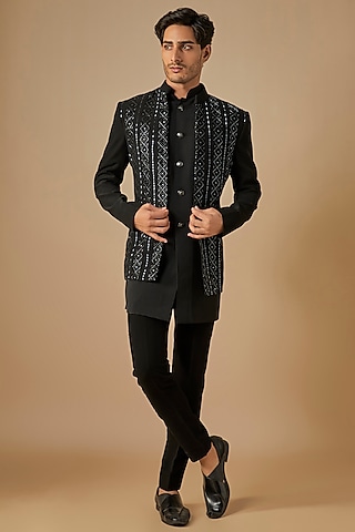 Black Polyester Lycra Hand Embroidered Open Indowestern Set by SVEN SUITS