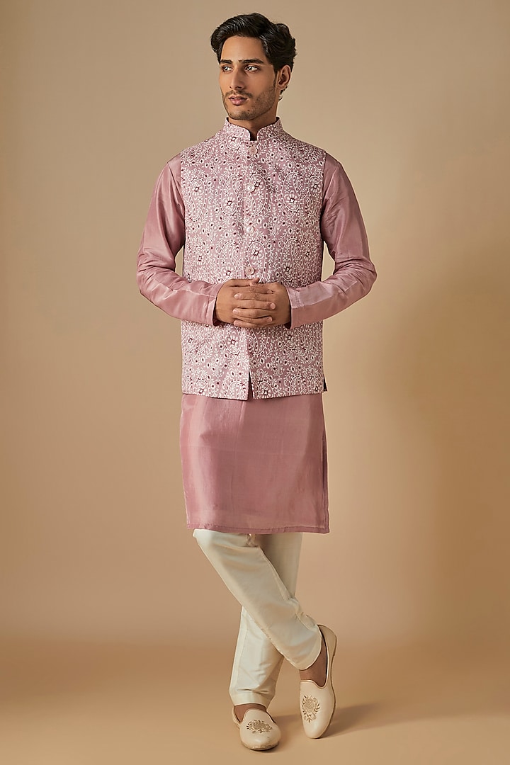 Mauve Silk Printed Bundi Jacket Set by SVEN SUITS at Pernia's Pop Up Shop