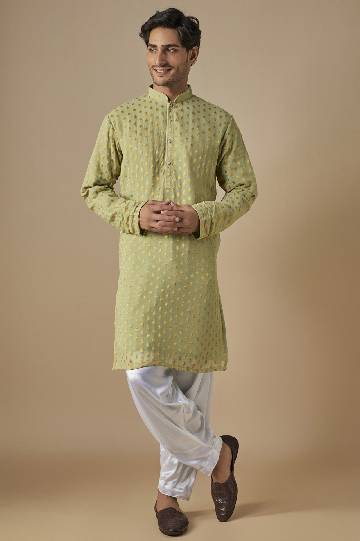 Green & Gold Jacquard Thread Embroidered Kurta Set by SVEN SUITS at Pernia's Pop Up Shop
