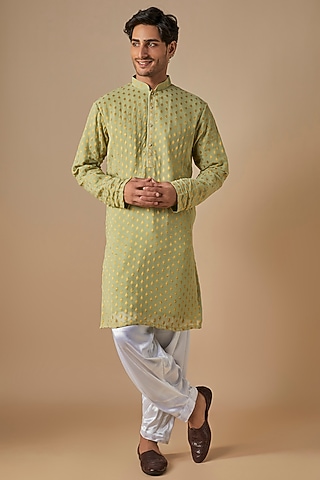 Green & Gold Jacquard Thread Embroidered Kurta Set by SVEN SUITS