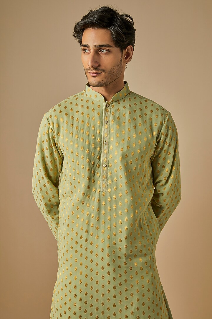 Green & Gold Jacquard Thread Embroidered Kurta Set by SVEN SUITS at Pernia's Pop Up Shop
