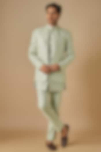 Sage Green Silk Thread Embroidered Open Wedding Indowestern Set by SVEN SUITS at Pernia's Pop Up Shop