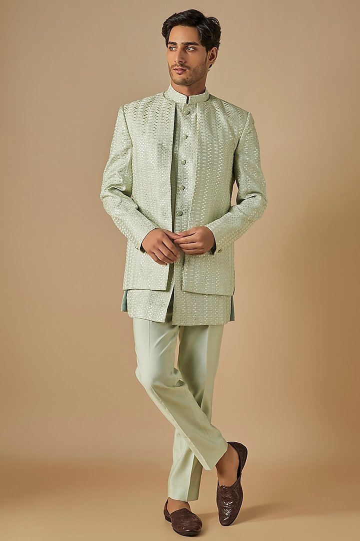Sage Green Silk Thread Embroidered Open Wedding Indowestern Set by SVEN SUITS at Pernia's Pop Up Shop