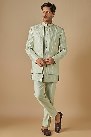 Sage Green Silk Thread Embroidered Open Indowestern Set by SVEN SUITS