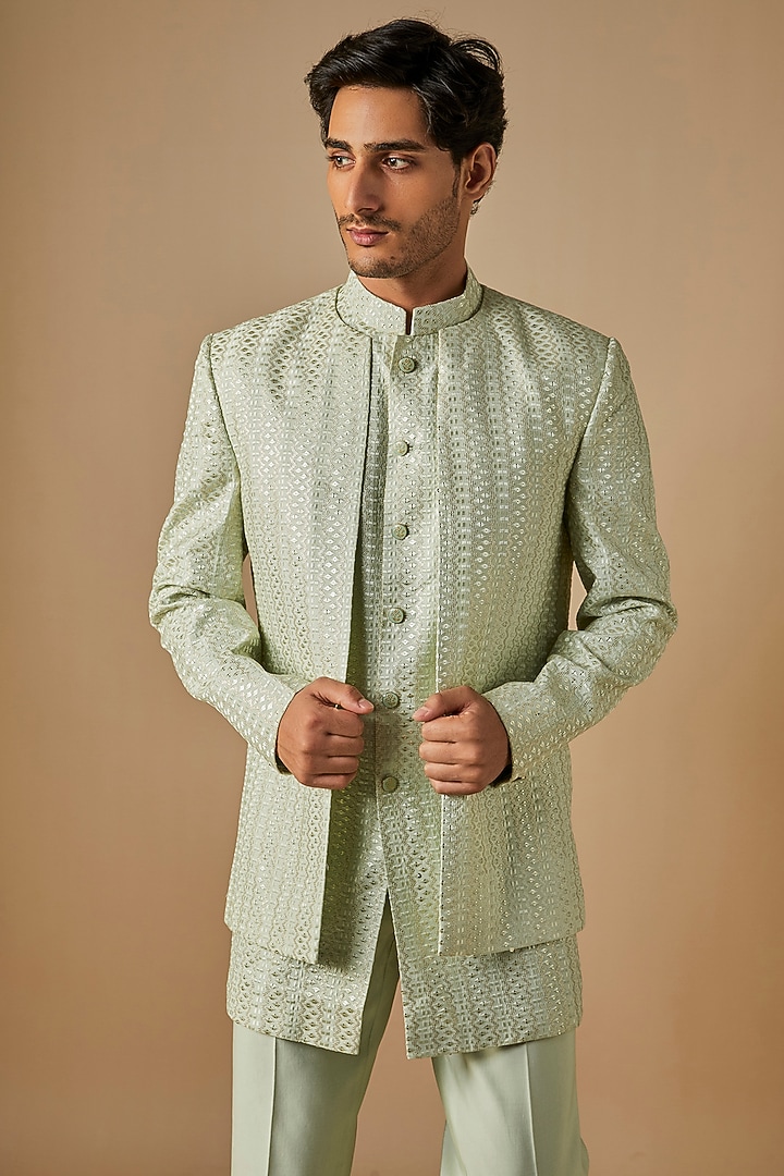 Sage Green Silk Thread Embroidered Open Wedding Indowestern Set by SVEN SUITS at Pernia's Pop Up Shop