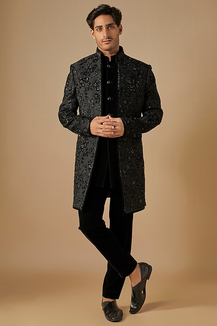 Black Velvet hand Embroidered Open Wedding Indowestern Set by SVEN SUITS at Pernia's Pop Up Shop