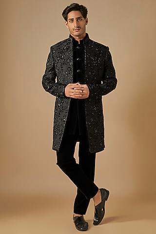 Black Velvet hand Embroidered Open Indowestern Set by SVEN SUITS