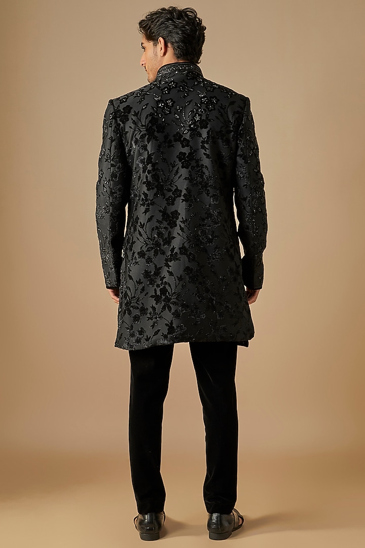 Black Velvet hand Embroidered Open Wedding Indowestern Set by SVEN SUITS at Pernia's Pop Up Shop