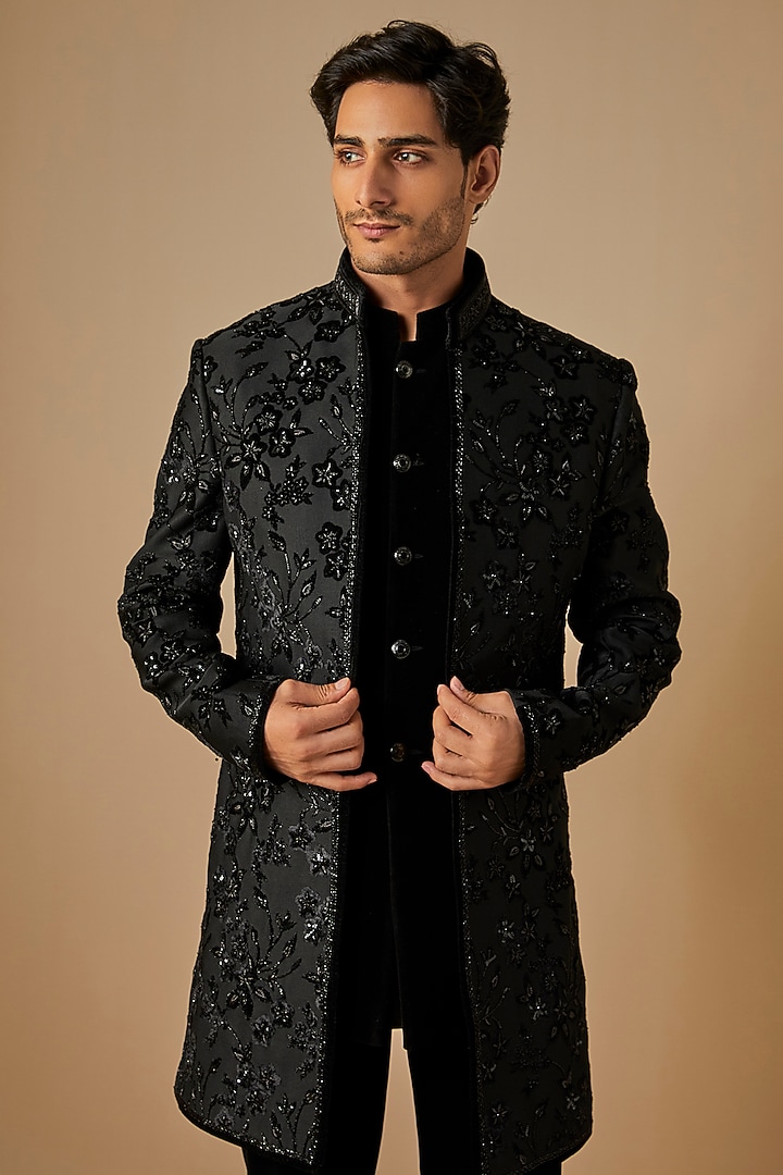 Black Velvet hand Embroidered Open Wedding Indowestern Set by SVEN SUITS at Pernia's Pop Up Shop