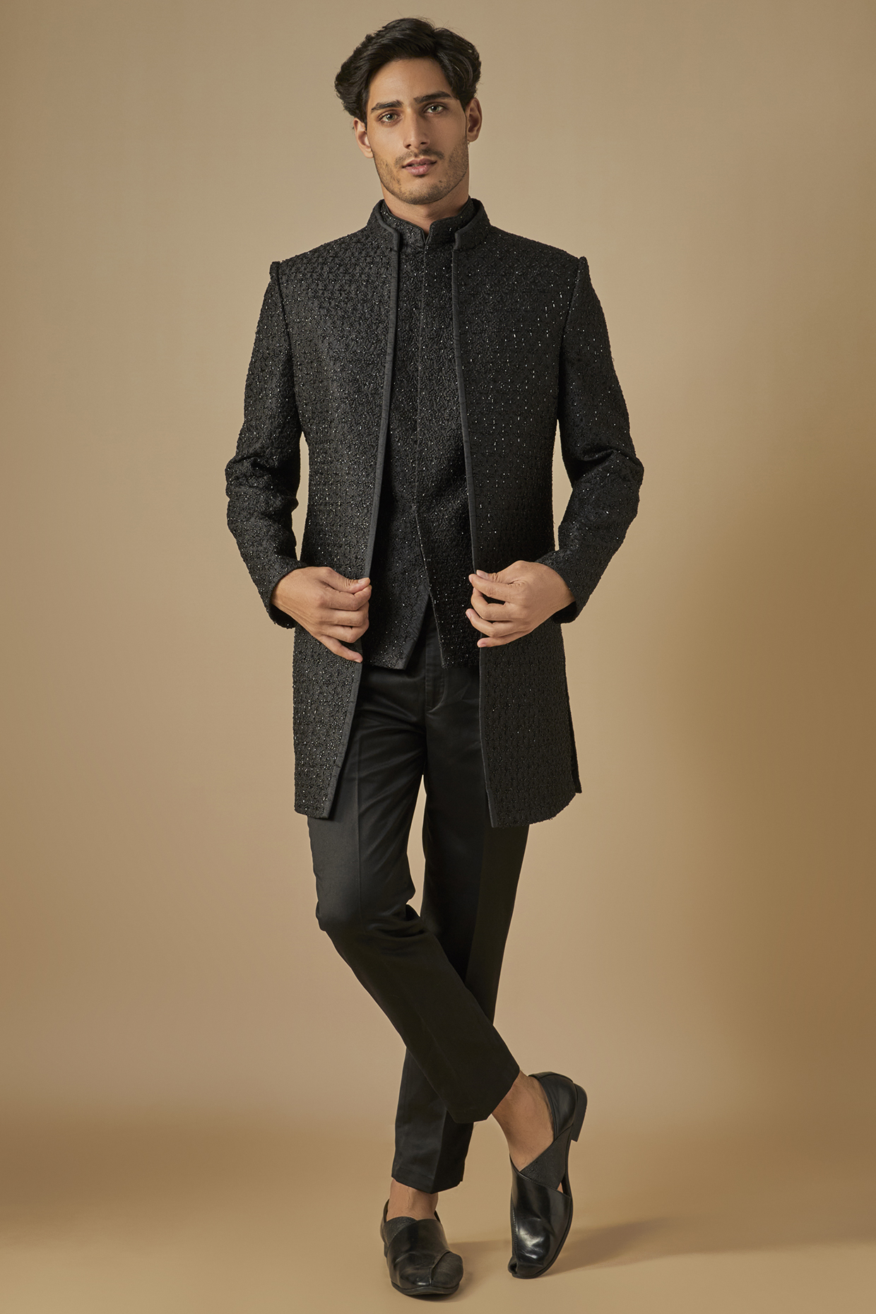 Black Faux Silk Hand & Machine Embroidered Open Groom Indowestern Set by SVEN SUITS at Pernia's Pop Up Shop