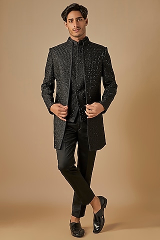 Black Faux Silk Hand & Machine Embroidered Open Indowestern Set by SVEN SUITS