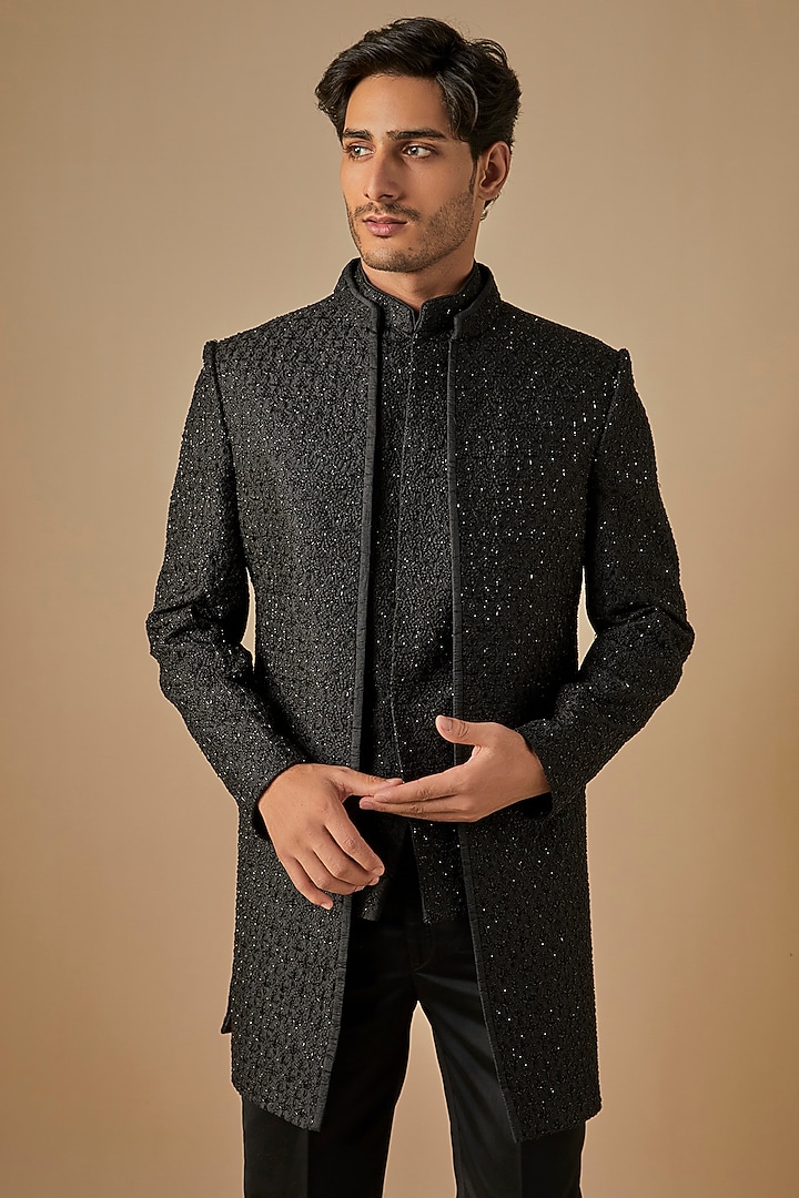 Black Faux Silk Hand & Machine Embroidered Open Groom Indowestern Set by SVEN SUITS at Pernia's Pop Up Shop