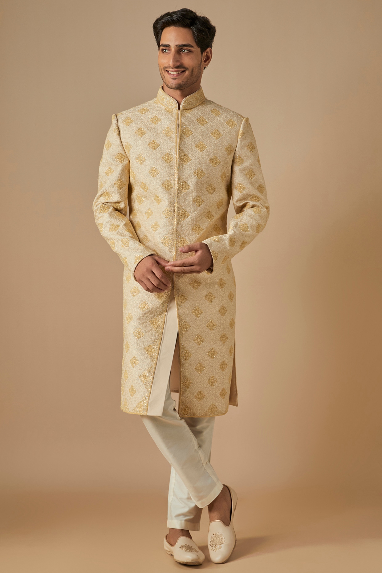 SVEN SUITS Cream Polyester Viscose Hand & Machine Embroidered Sherwani Set
