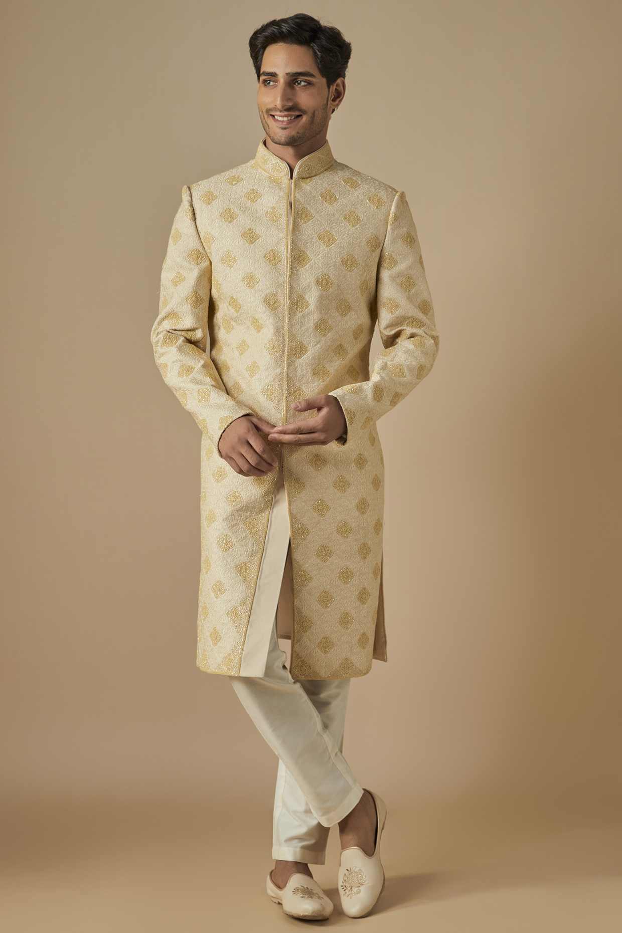 Cream Polyester Viscose Hand & Machine Embroidered Sherwani Set by SVEN SUITS