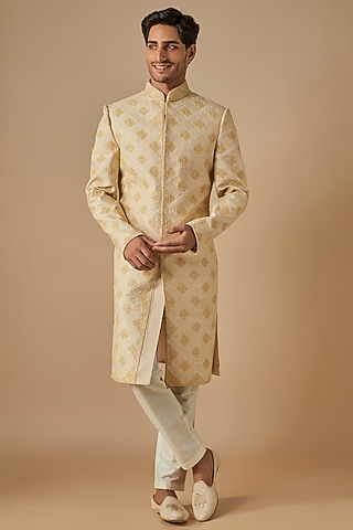 Cream Polyester Viscose Hand & Machine Embroidered Sherwani Set by SVEN SUITS