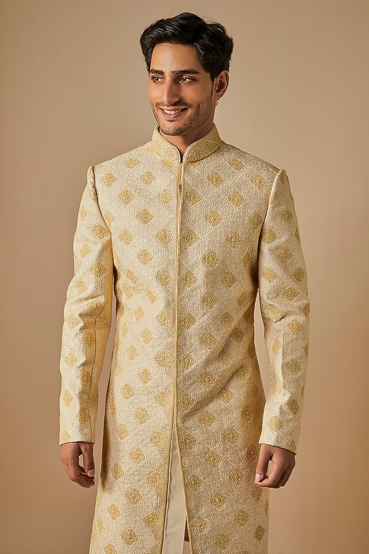 Cream Polyester Viscose Hand & Machine Embroidered Wedding Sherwani Set by SVEN SUITS at Pernia's Pop Up Shop