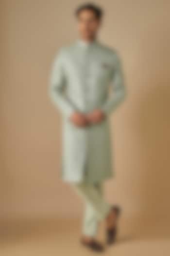 Sage Green Jacquard Embroidered Wedding Sherwani Set by SVEN SUITS at Pernia's Pop Up Shop