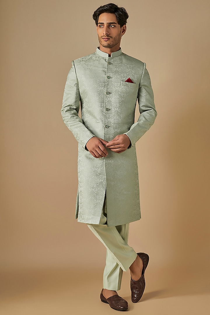 Sage Green Jacquard Embroidered Wedding Sherwani Set by SVEN SUITS at Pernia's Pop Up Shop
