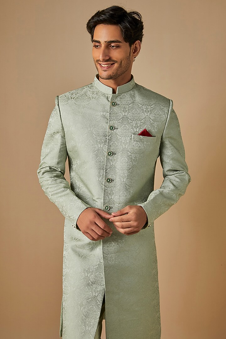Sage Green Jacquard Embroidered Wedding Sherwani Set by SVEN SUITS at Pernia's Pop Up Shop